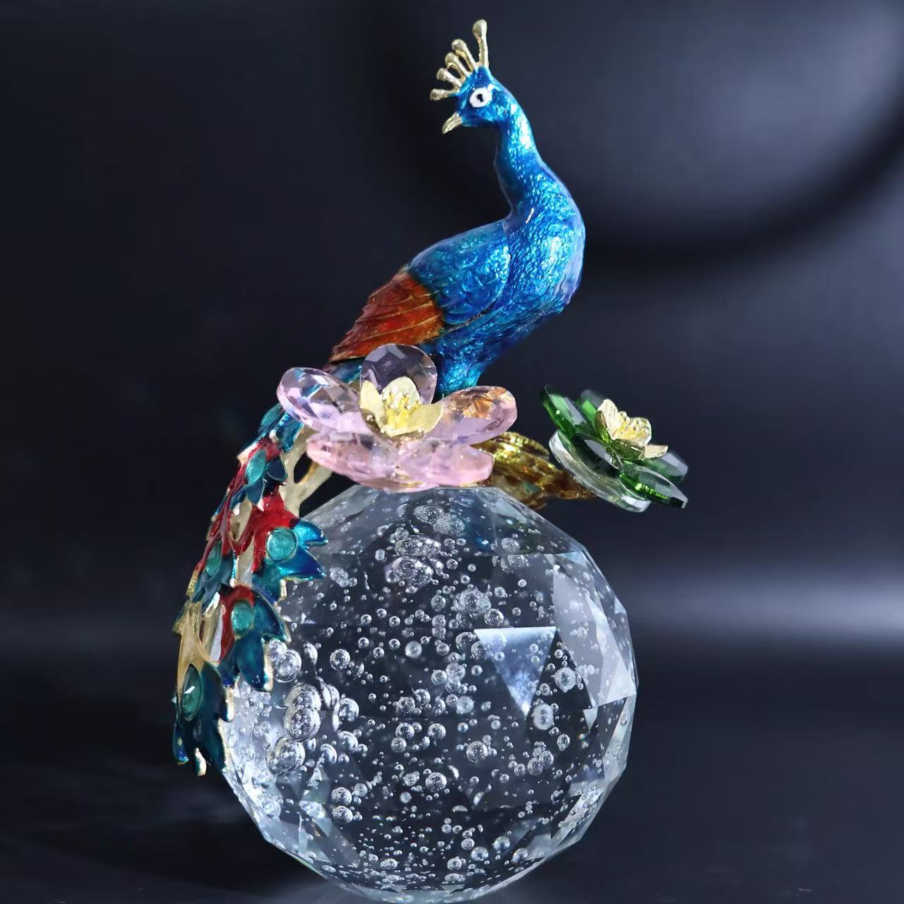 单只-轻奢新中式珐琅彩孔雀客厅办公室水晶珐琅彩摆件