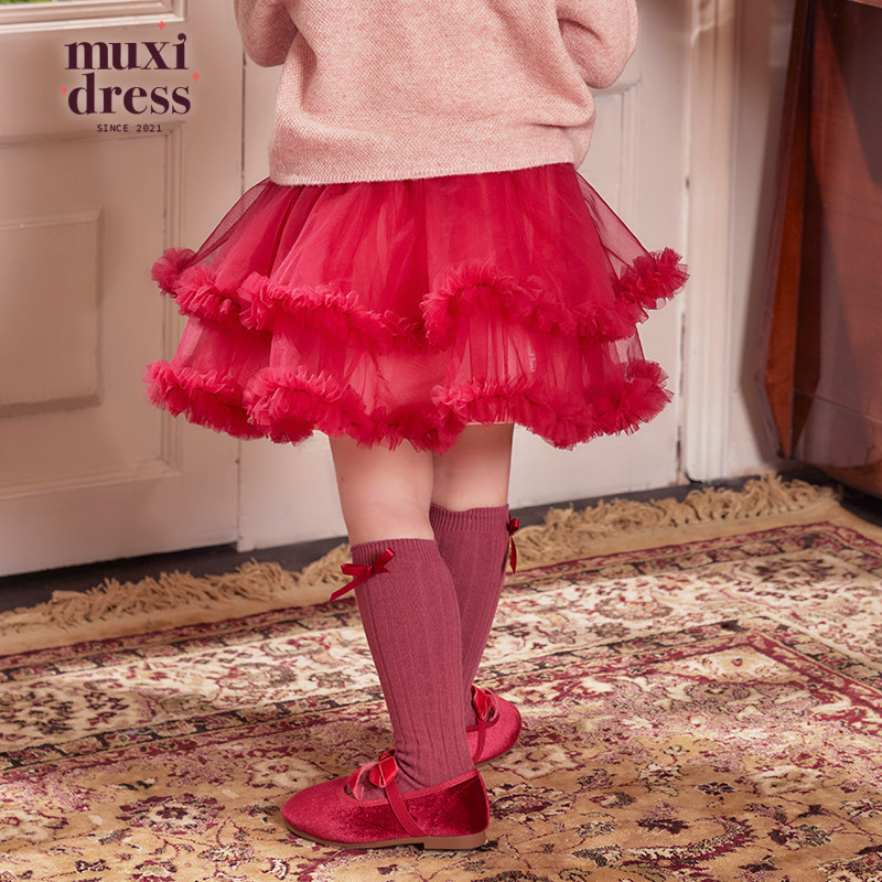 muxidress 25女童双层木耳边蓬蓬裙红色公主裙生日半身裙秋冬款