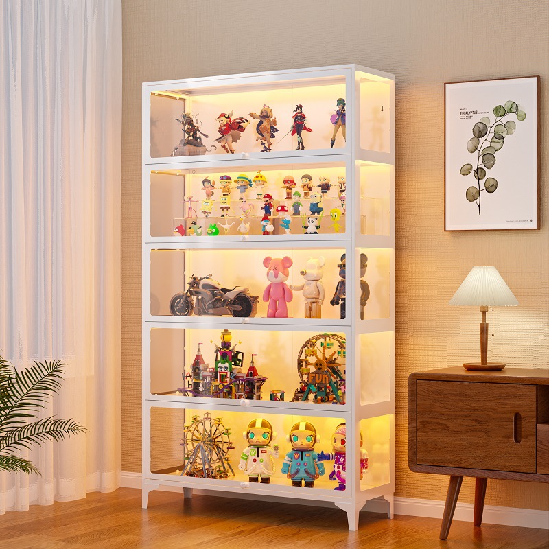 三面玻璃手办展示柜多层落地收纳柜防尘铁皮玻璃柜书柜家居陈列柜