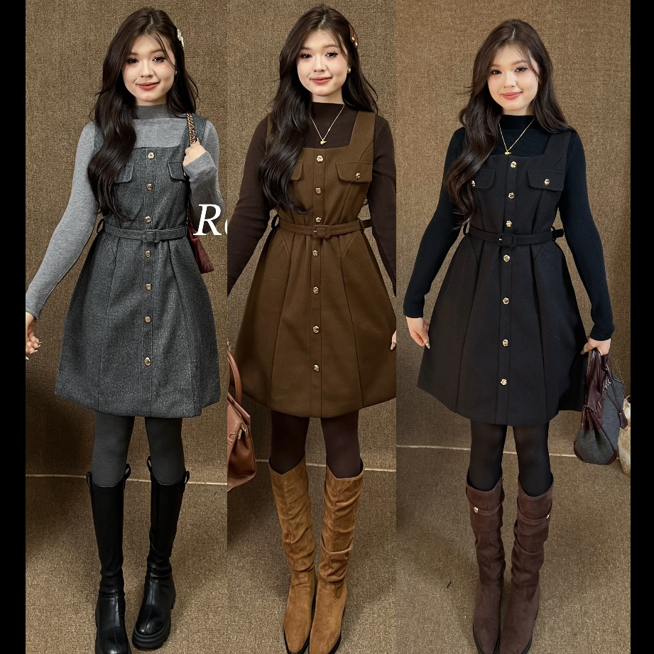 【Gz】秋冬法式单排扣背心连衣裙与内搭T恤组合套装