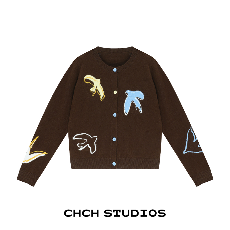 RAKS123975时尚复古飞燕刺绣毛针织开衫女2025年冬长袖单排扣毛衣