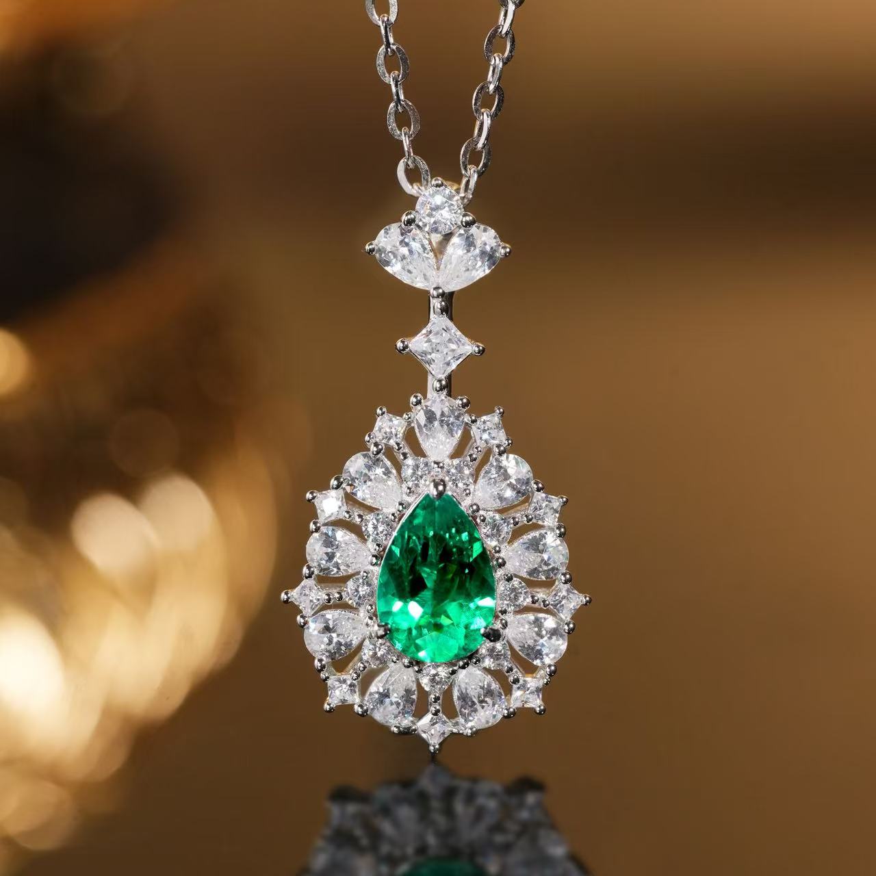 培育祖母绿VISING珠宝实验室1.2克拉木佐绿水滴吊坠s925银镀金
