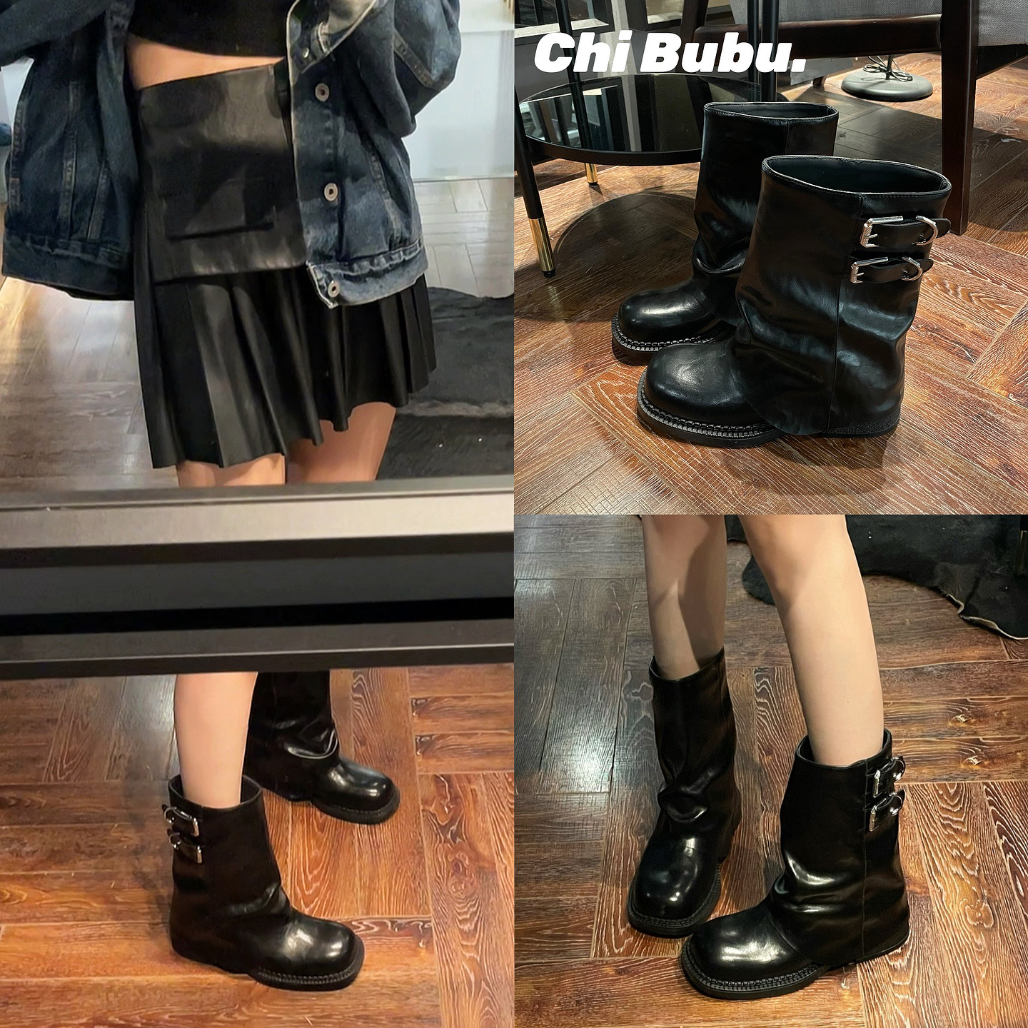 CHIBUBU时尚复古朋克风粗跟皮带扣方头中筒百搭裤管星星鞋靴子