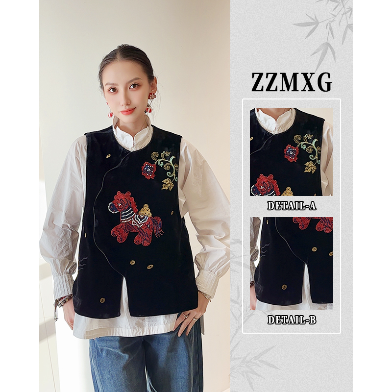 【珍珍美学馆】【马上有钱】新中式马年新款重工丝绒宽松型马夹13911