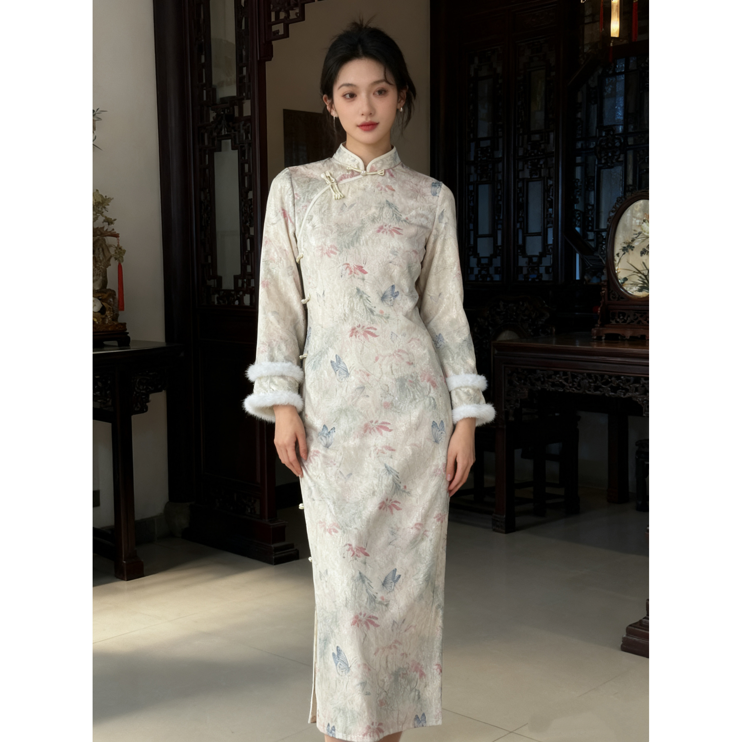③冬款加绒加厚长款古法旗袍2025新款年轻款女复古修身长袖