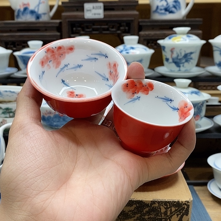 手绘龙船花杯子85cc➕同款小杯釉下彩微瑕福利款