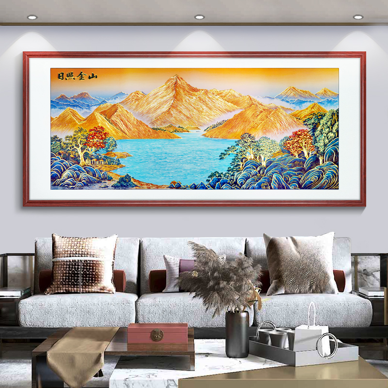 浮雕描金 日照金山 新中式山水客厅装饰画办公室沙发背景墙挂画