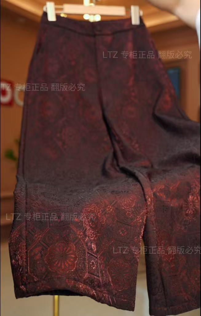 【珠光宝气】桑蚕丝浮光锦宝相花纹松紧腰直筒裤长裤