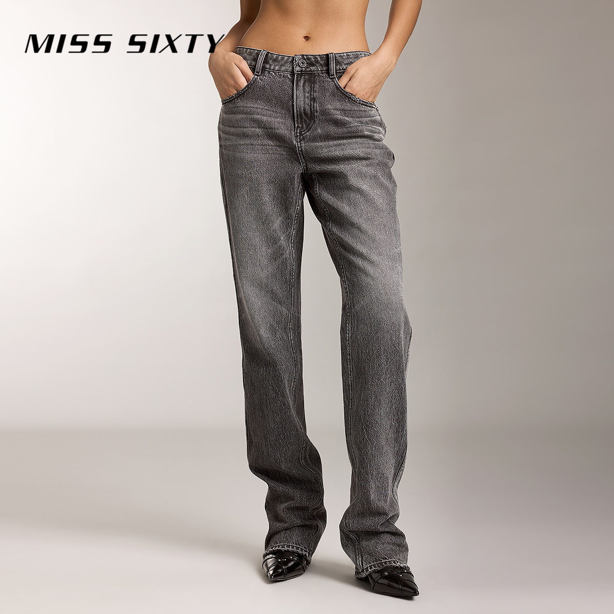 Miss Sixty秋季新款牛仔裤女复古磨白直筒长裤百搭通勤休闲风