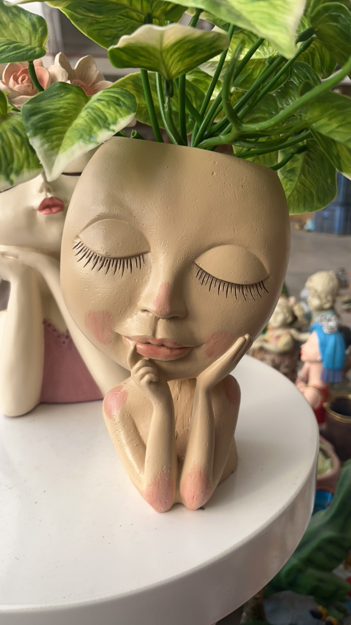 树脂黄色人头花盆摆件 颜色随机发