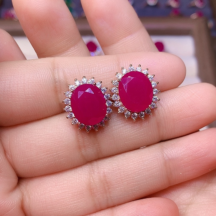 红宝石耳饰银S925镶嵌油**亮