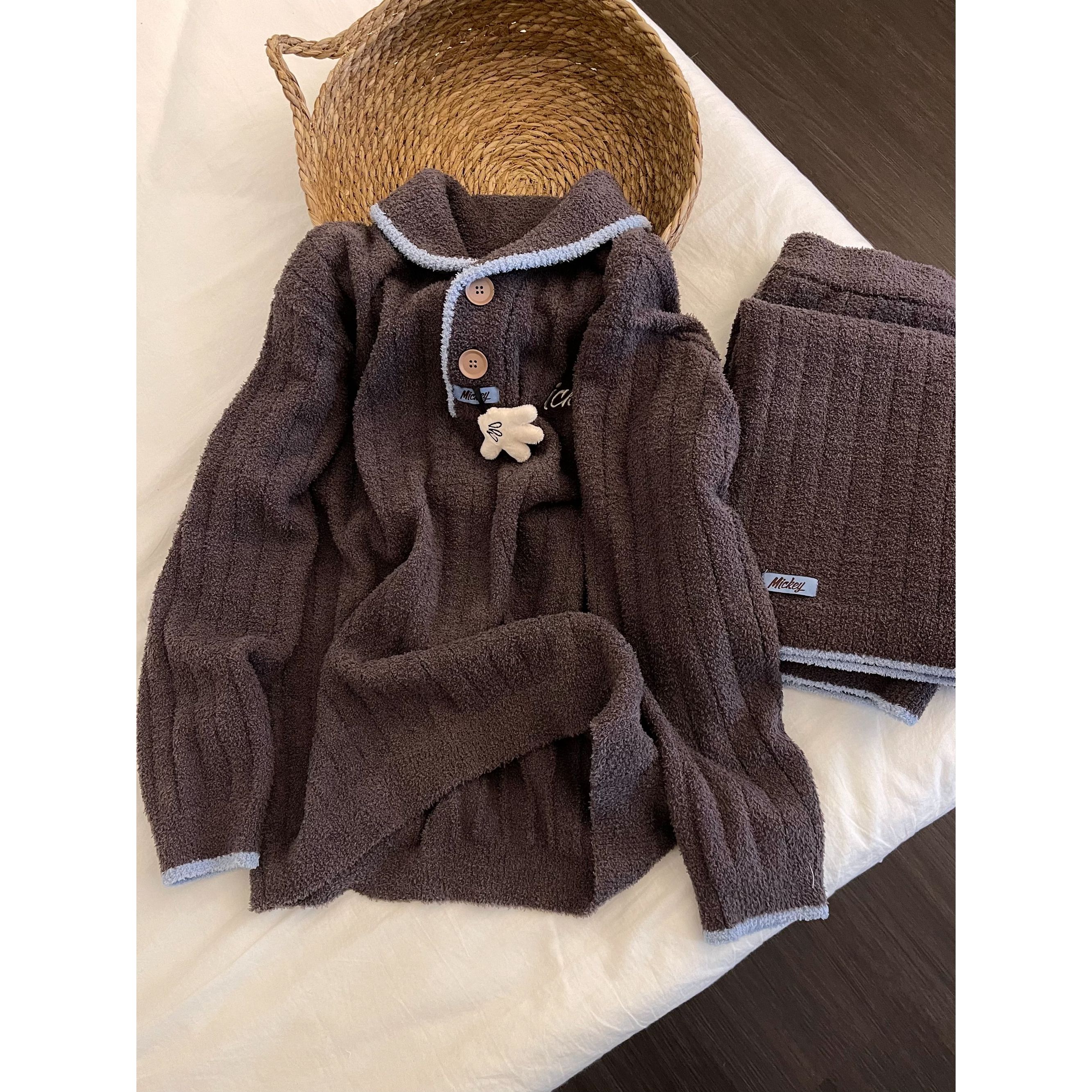 韩版可爱米奇半边绒睡衣女秋冬新款针织保暖加厚可外穿家居服套装