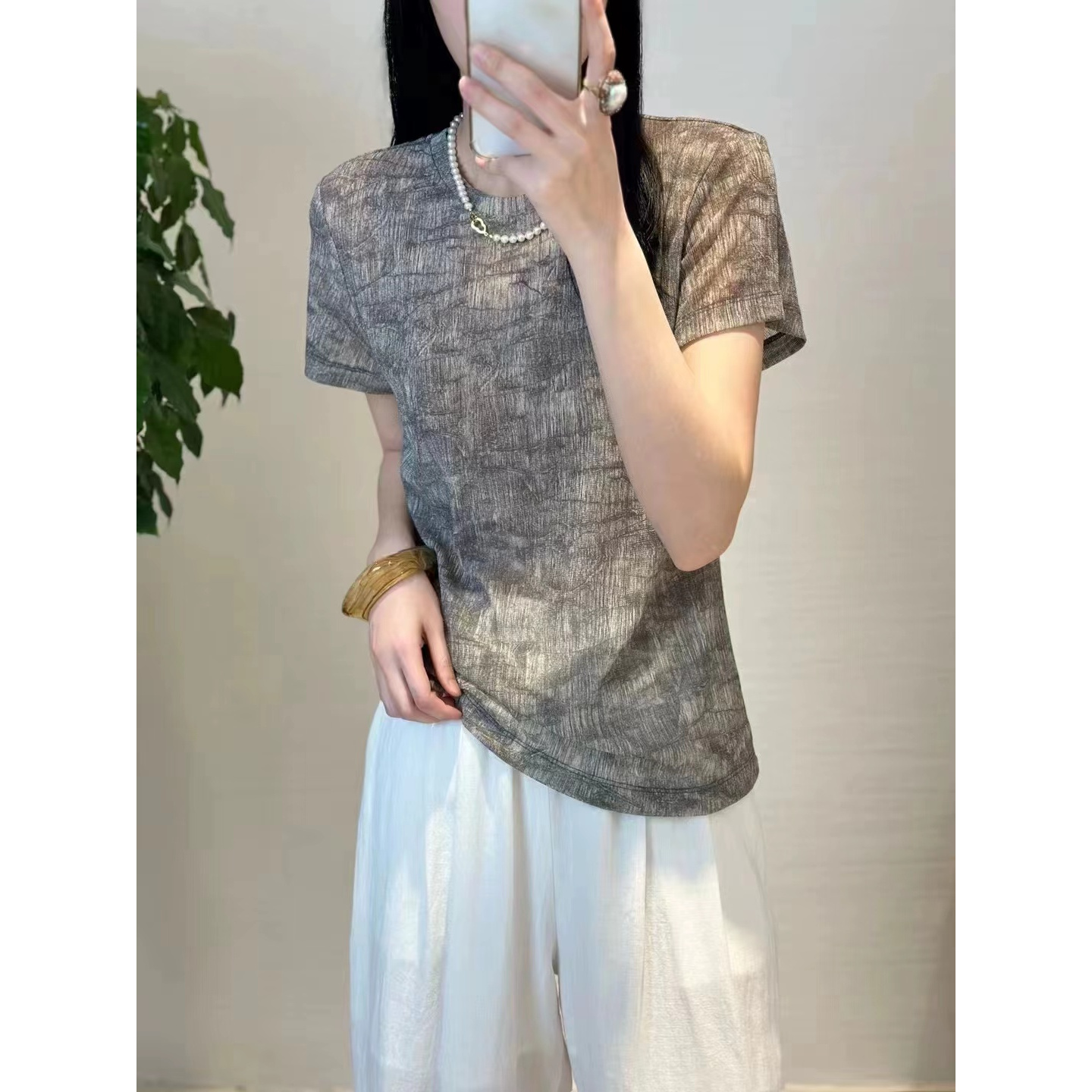 【扎染短袖-玉姐针织】复古防晒短袖T恤女夏季圆领 新选f1 J09128