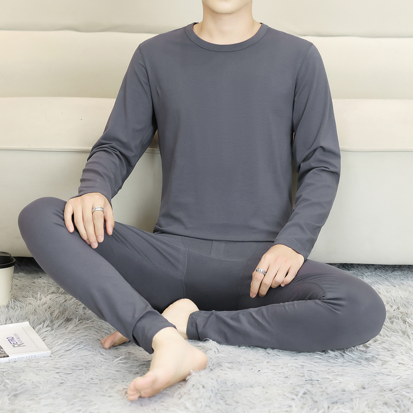 男莱卡棉秋衣棉氨圆领秋衣秋裤薄款保暖内衣套装打底薄款