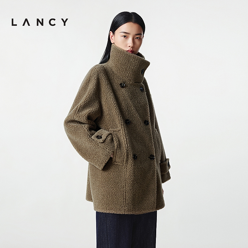 【纯羊毛】LANCY/朗姿2025冬新款气质高领双排扣羊剪绒大衣外套女