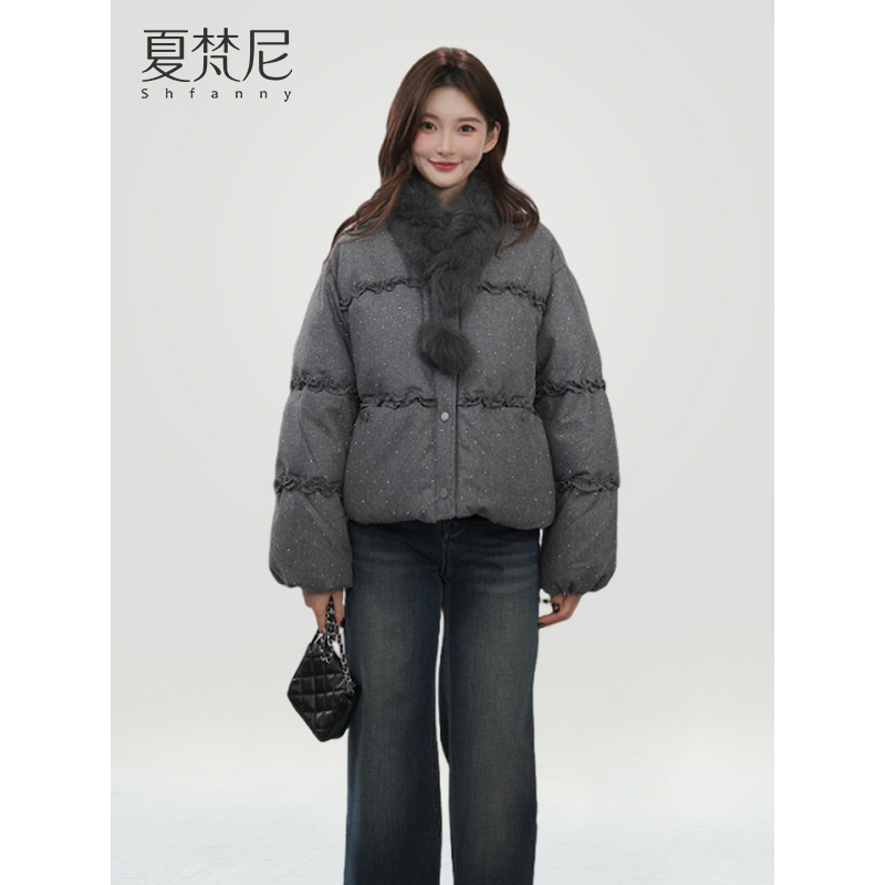 夏梵尼可露丽冬90白鸭绒羽绒服2025冬季加厚保暖设计感外套带围脖