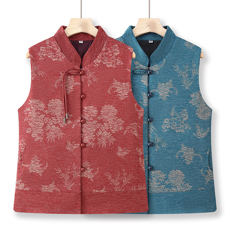 2025春季中老年女装时尚百搭休闲印花半高领马甲老年人中国风马甲