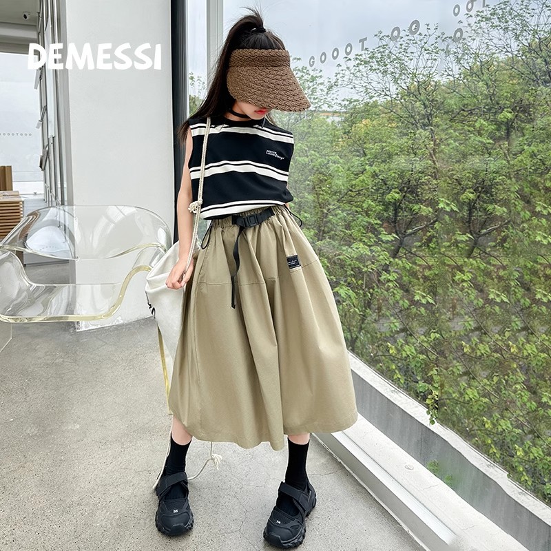 女童套装夏季2025新款儿童条纹背心半身裙中大童裙子