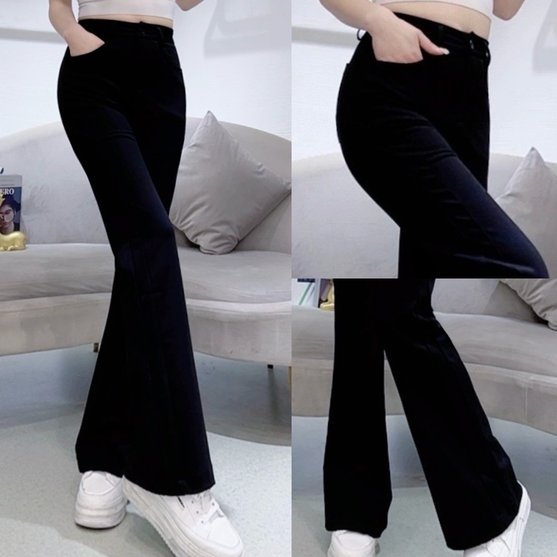 A8022微喇叭裤女春季新款黑色高腰修身显瘦弹力休闲裤