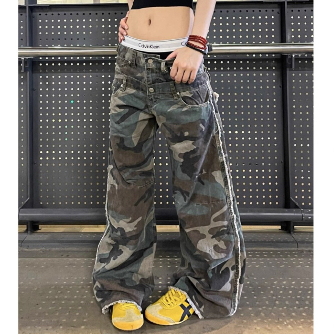 美式复古双腰头迷彩工装裤男女cleanfit毛边设计感直筒情侣休闲裤