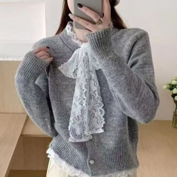 蕾丝拼接蝴蝶结新款针织开衫秋冬宽松甜美毛衣慵懒外套上衣针织衫