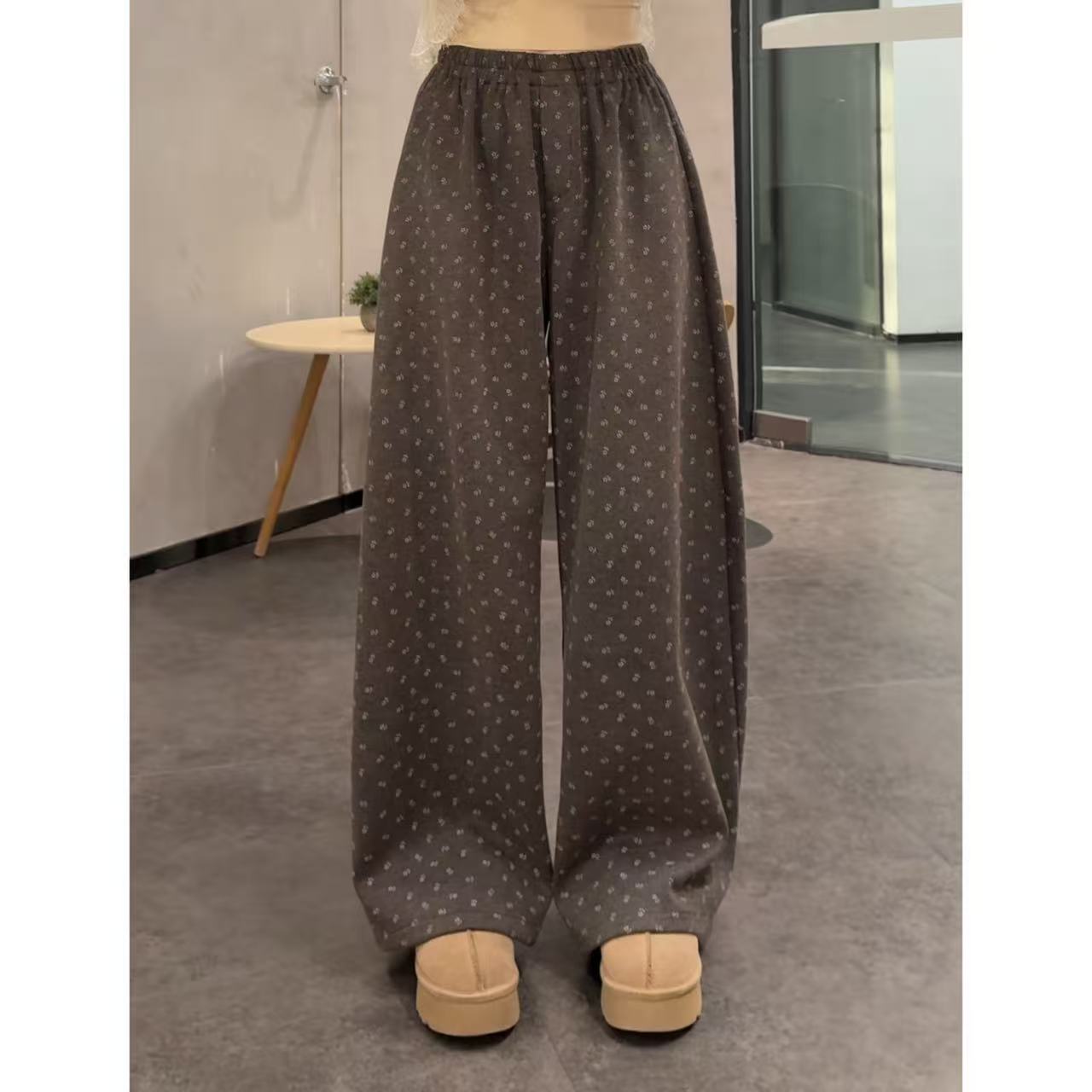 VGVL旻旻裤子秋冬款慵懒感百搭厚款碎花阔腿休闲裤女60377