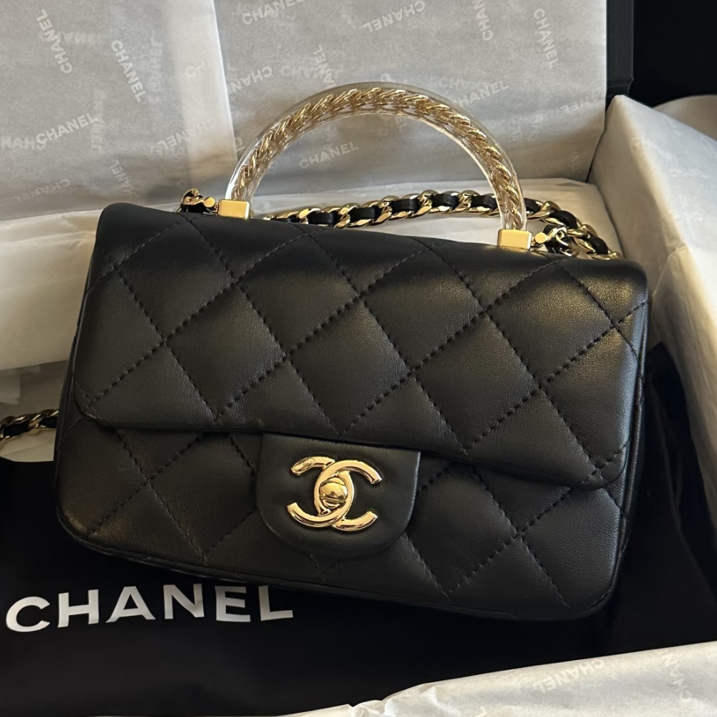 99新 Chanel/香奈儿 24s黑金亚克力手柄大mini单肩包/0h67