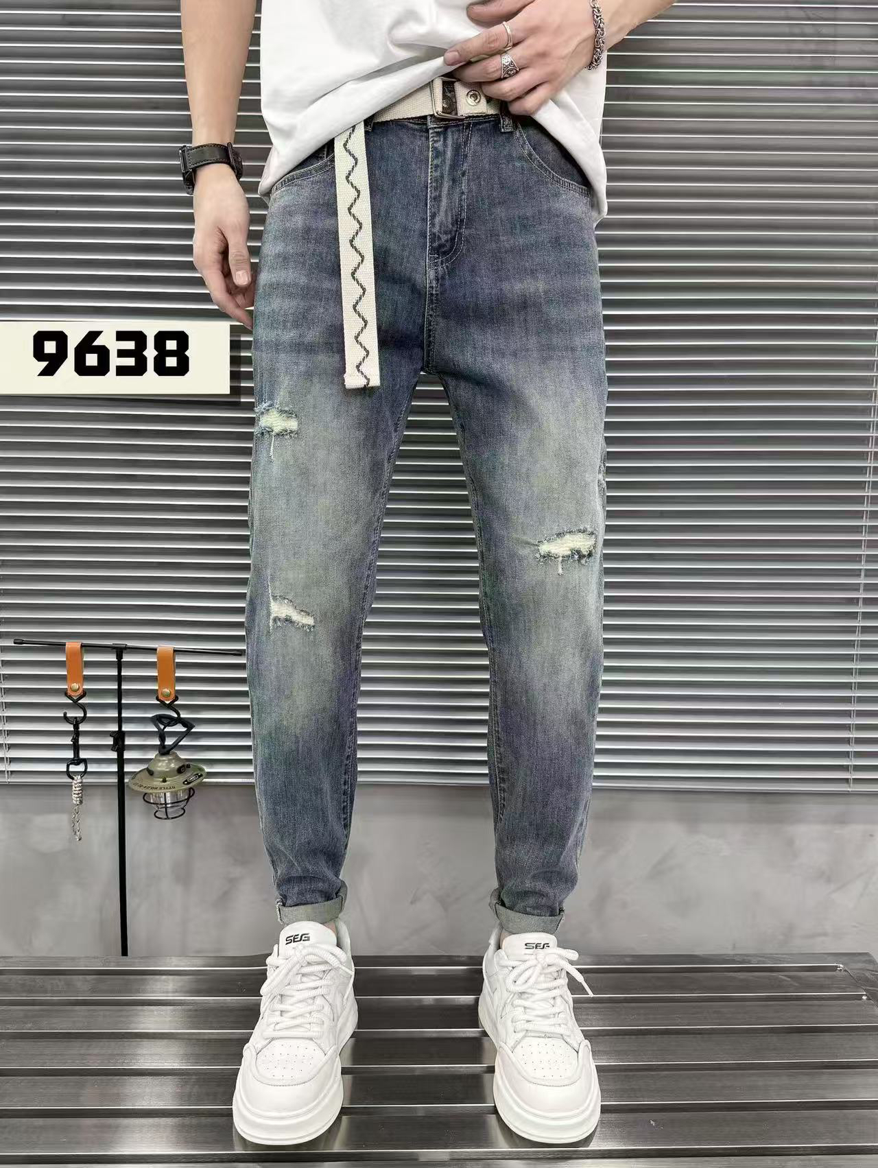 春夏薄款潮流水洗男士牛仔裤修身小脚裤弹力百搭破洞牛仔长裤9638