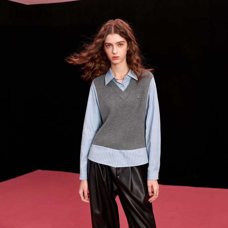 三彩ibudu2026春季新款假两件针织衫条纹拼接毛衫套头上衣女