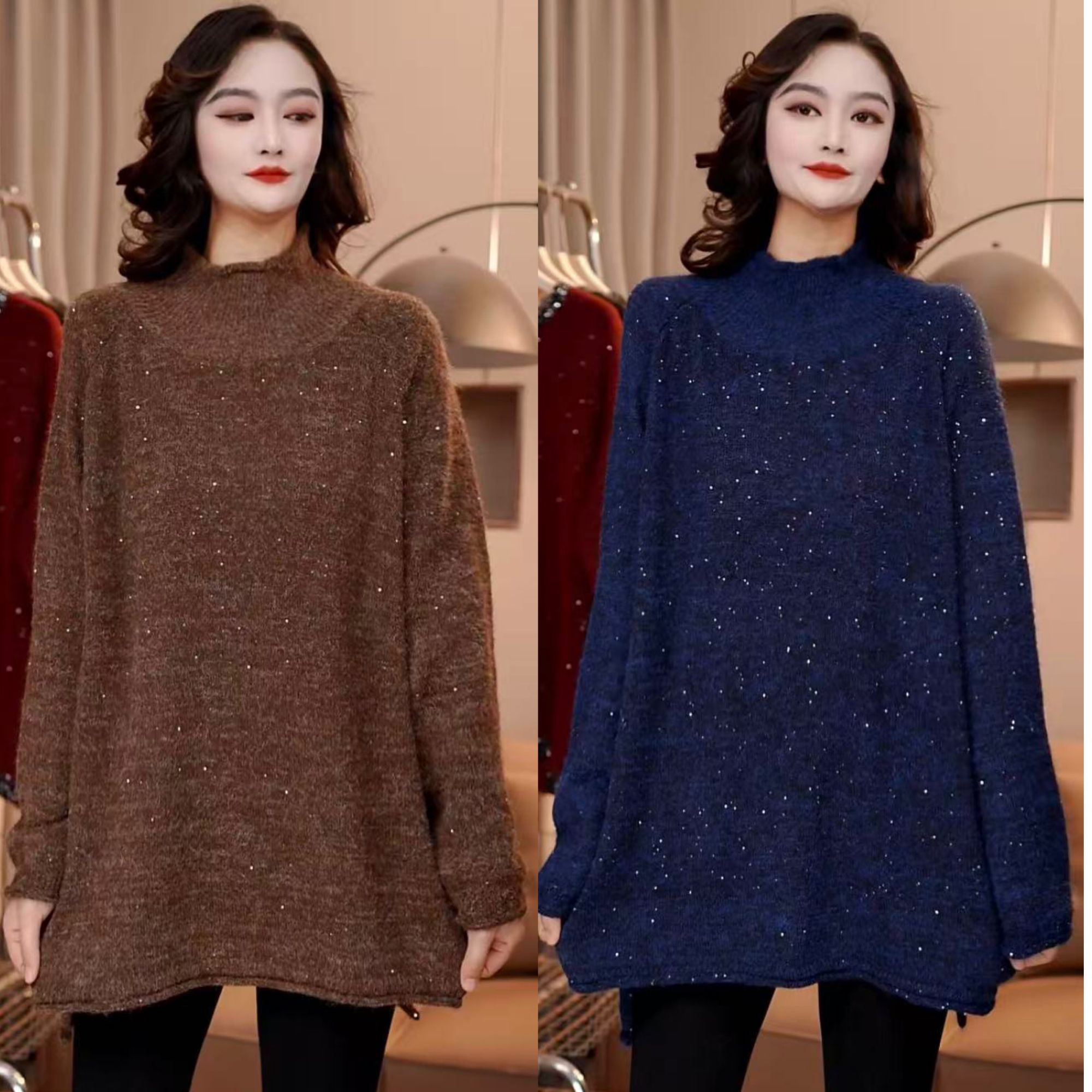 纯色针织遮肉女秋冬季圆领亮片毛衣套头时尚网红半高领61671#