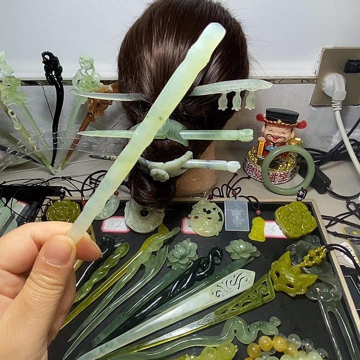 蛇纹石玉合金发饰竹节