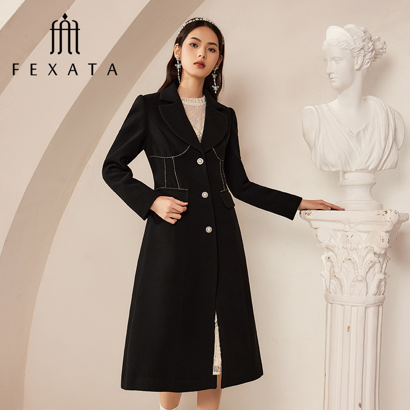 【达人专属】FEXATA斐格思外套女气质西装领中长款大衣F34W1305