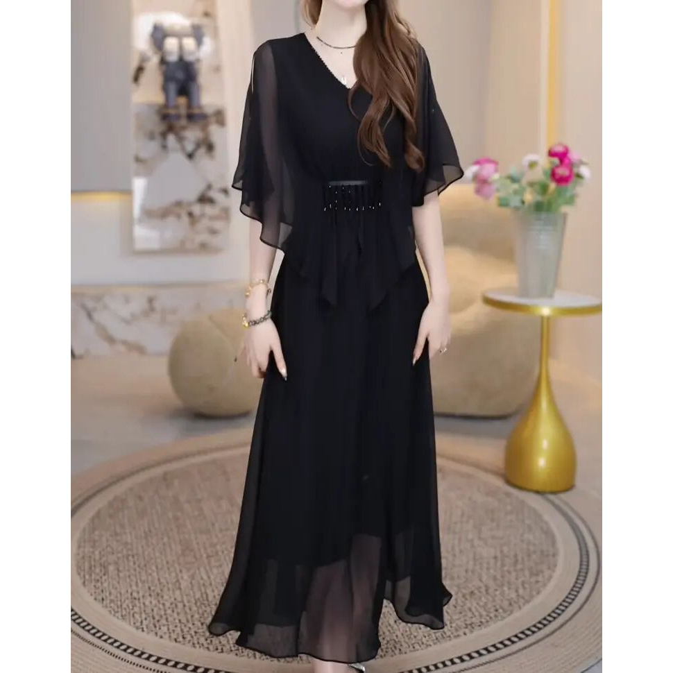 V领连衣裙夏季2025年新款收腰显瘦气质高端上档次A字裙