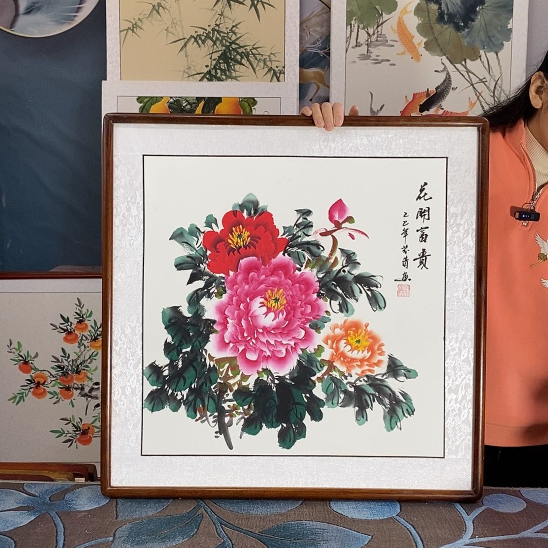 国画手写手绘带框包邮国画作品62✖️62