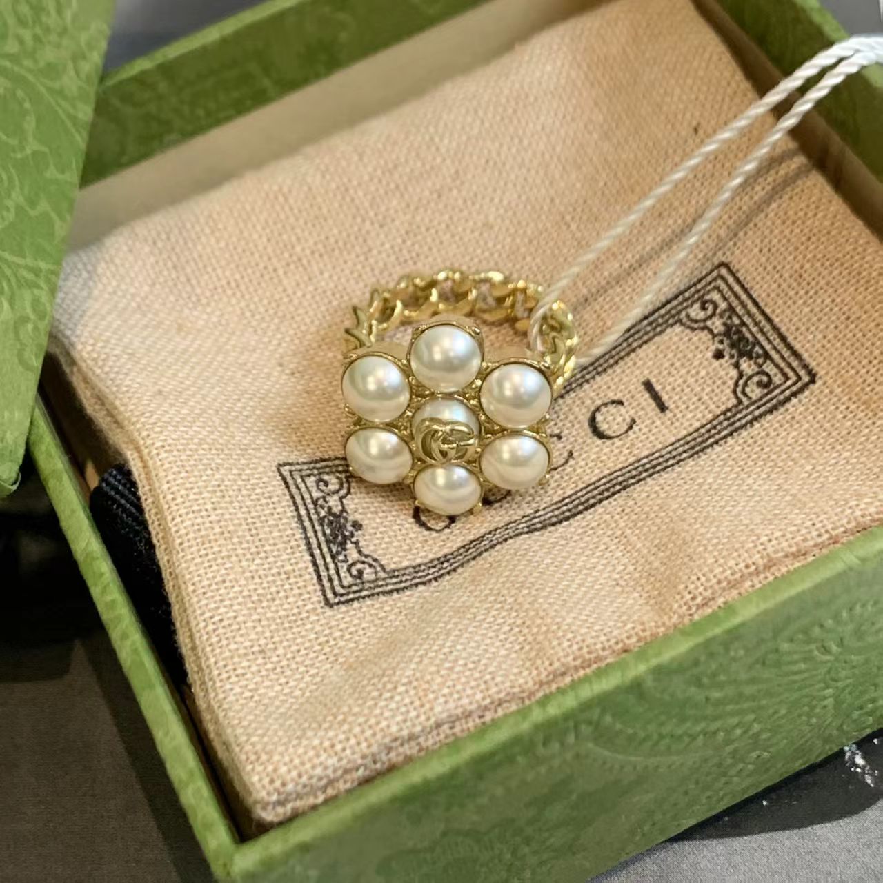 99新 GUCCI/古驰 壹臻/ 金色花朵珍珠戒指 S /80597402