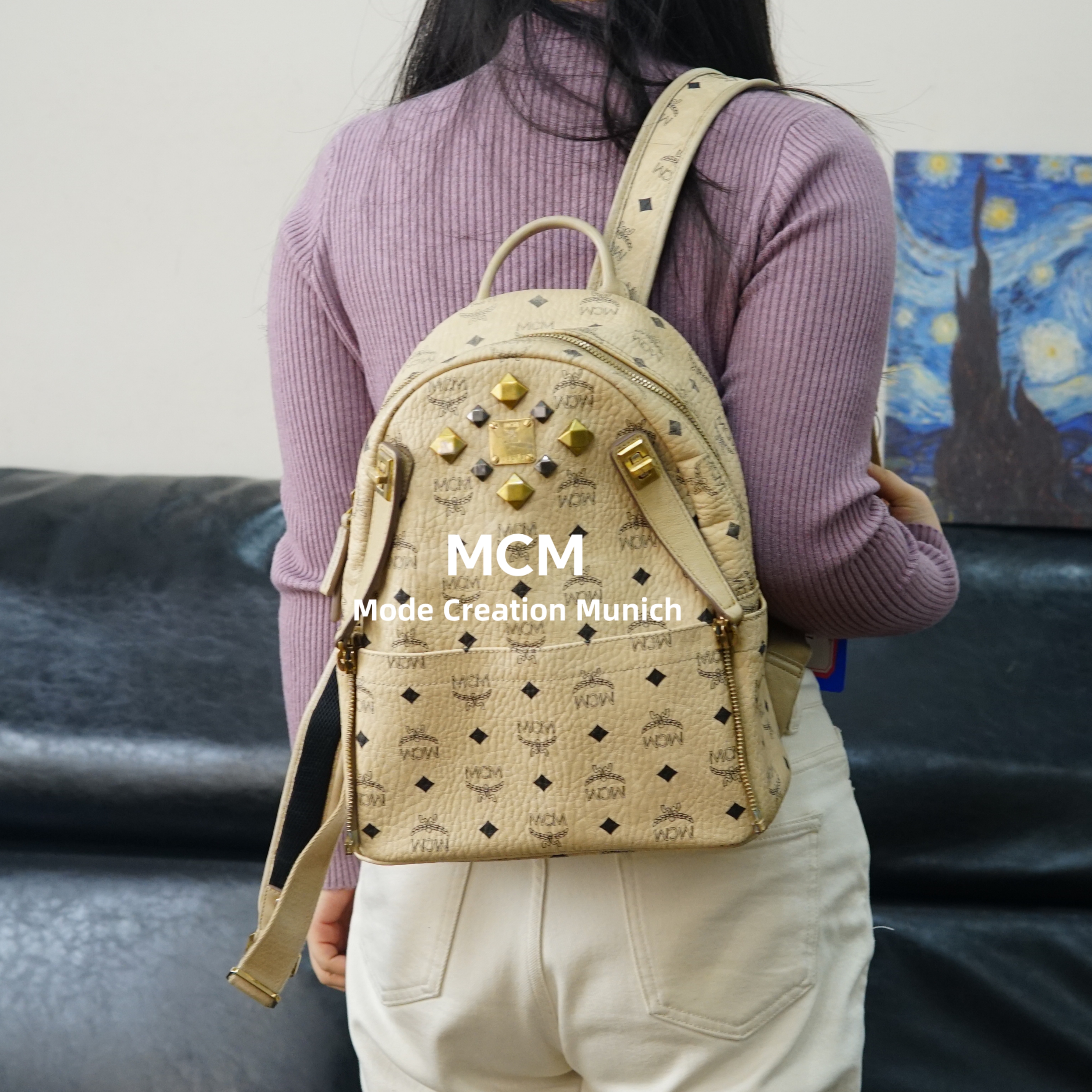 95新 MCM 米色双肩包/FYWJ12520013/0013