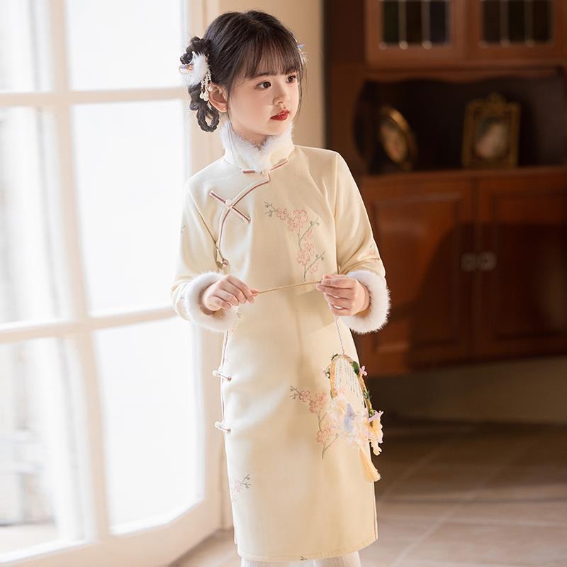 中国风儿童旗袍连衣裙秋冬季加绒保暖女童汉服套装女孩民国唐装dn