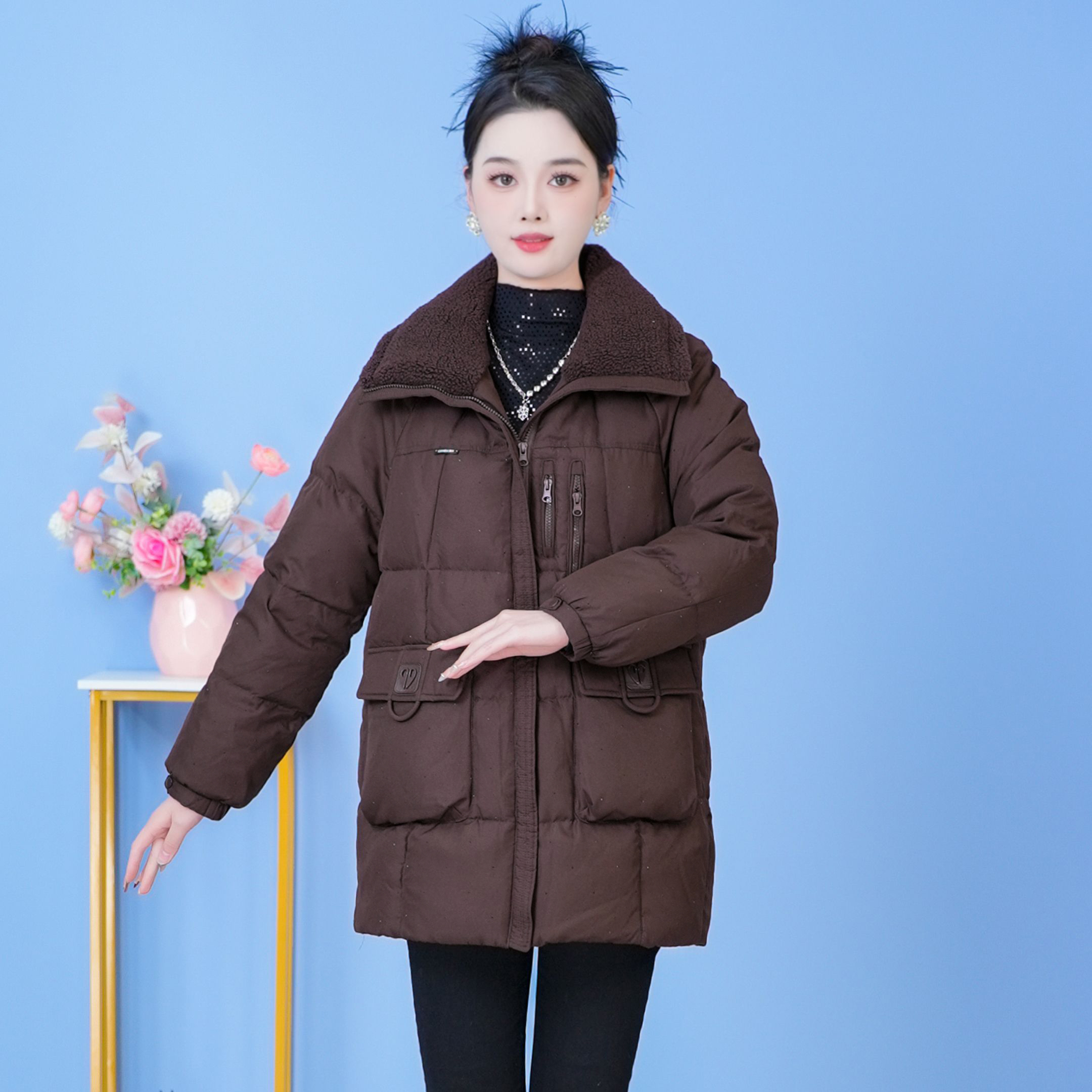 翻毛领纯色气质保暖时尚加厚羽绒服新款宽松2025年冬季【SJYH3987】