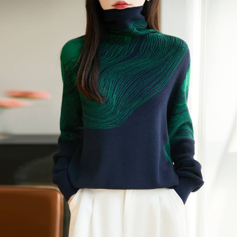 动感哥弟法式复古提花堆堆领针织衫2025冬季新款条纹设计女款毛衣