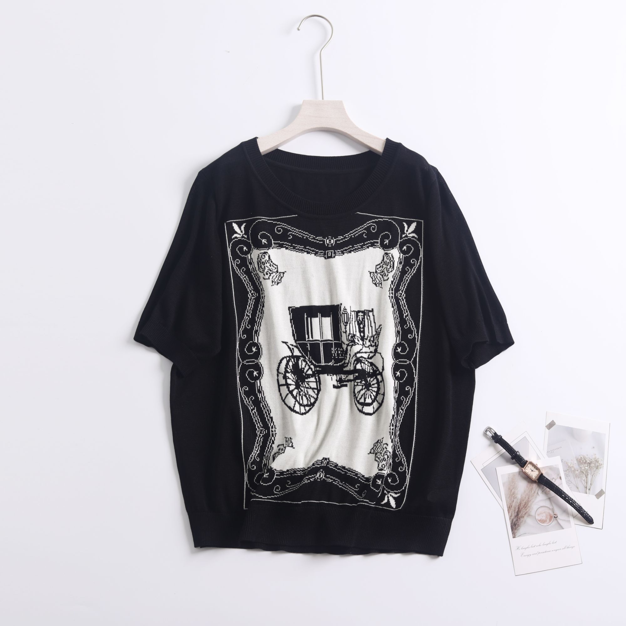 2025夏季新款加大码马车圆领提花短袖针织衫