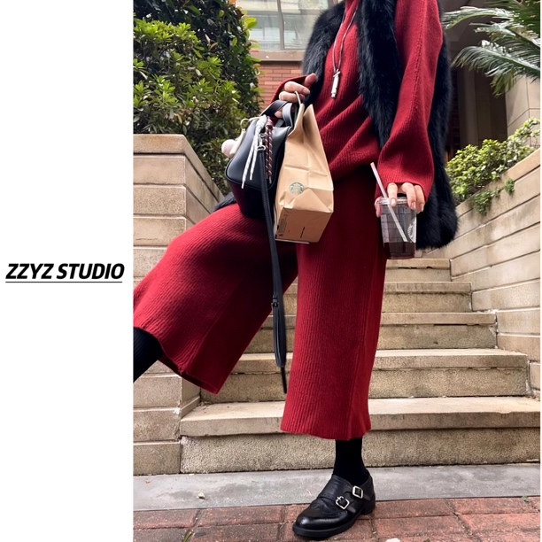 【ZZYZ】“臻绒雪景”韩版柔软休闲宽松毛衣➕阔腿七分裤两件套套装