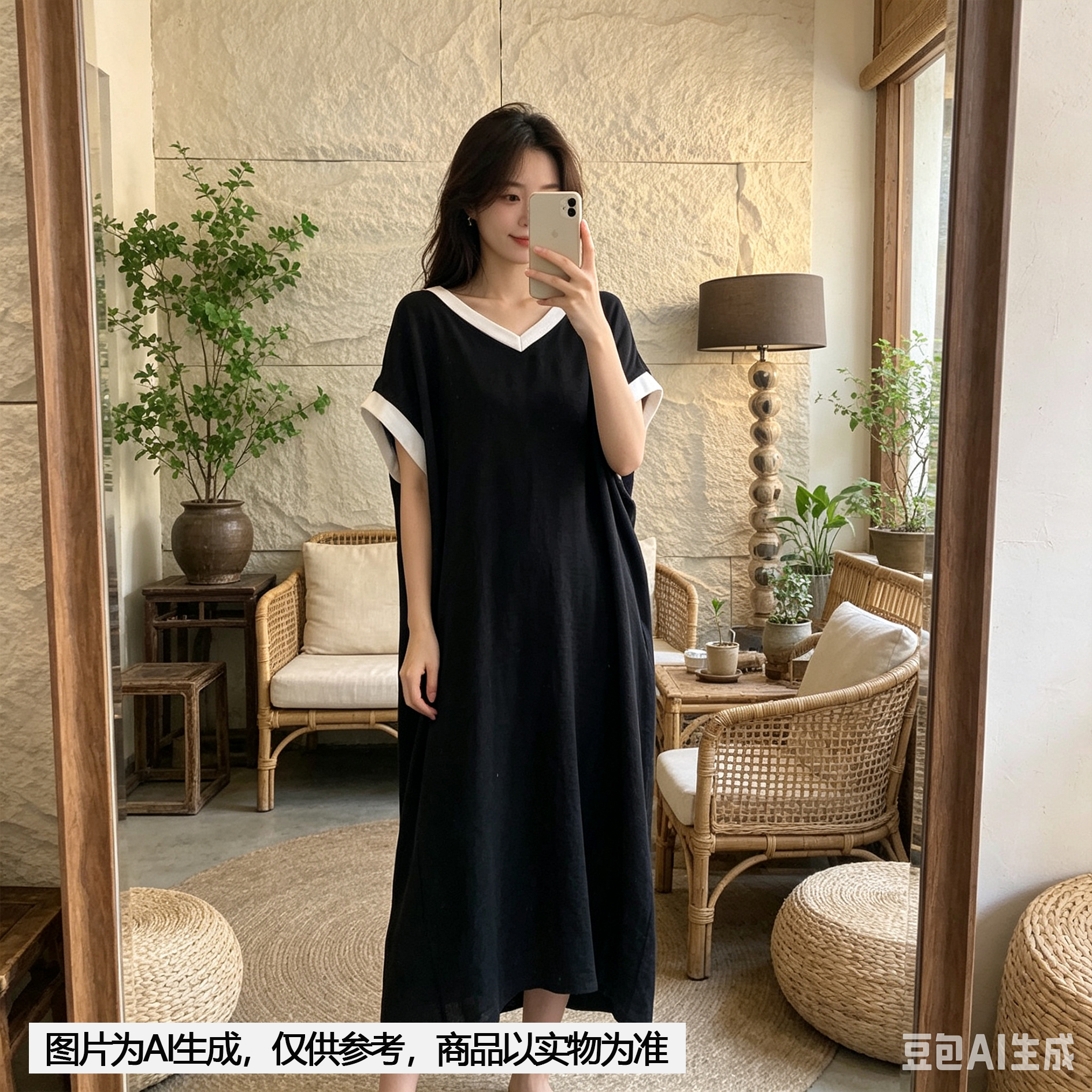 【Annie 165-166】夏款V领拼接撞色气质休闲弹性宽松大码显瘦长裙