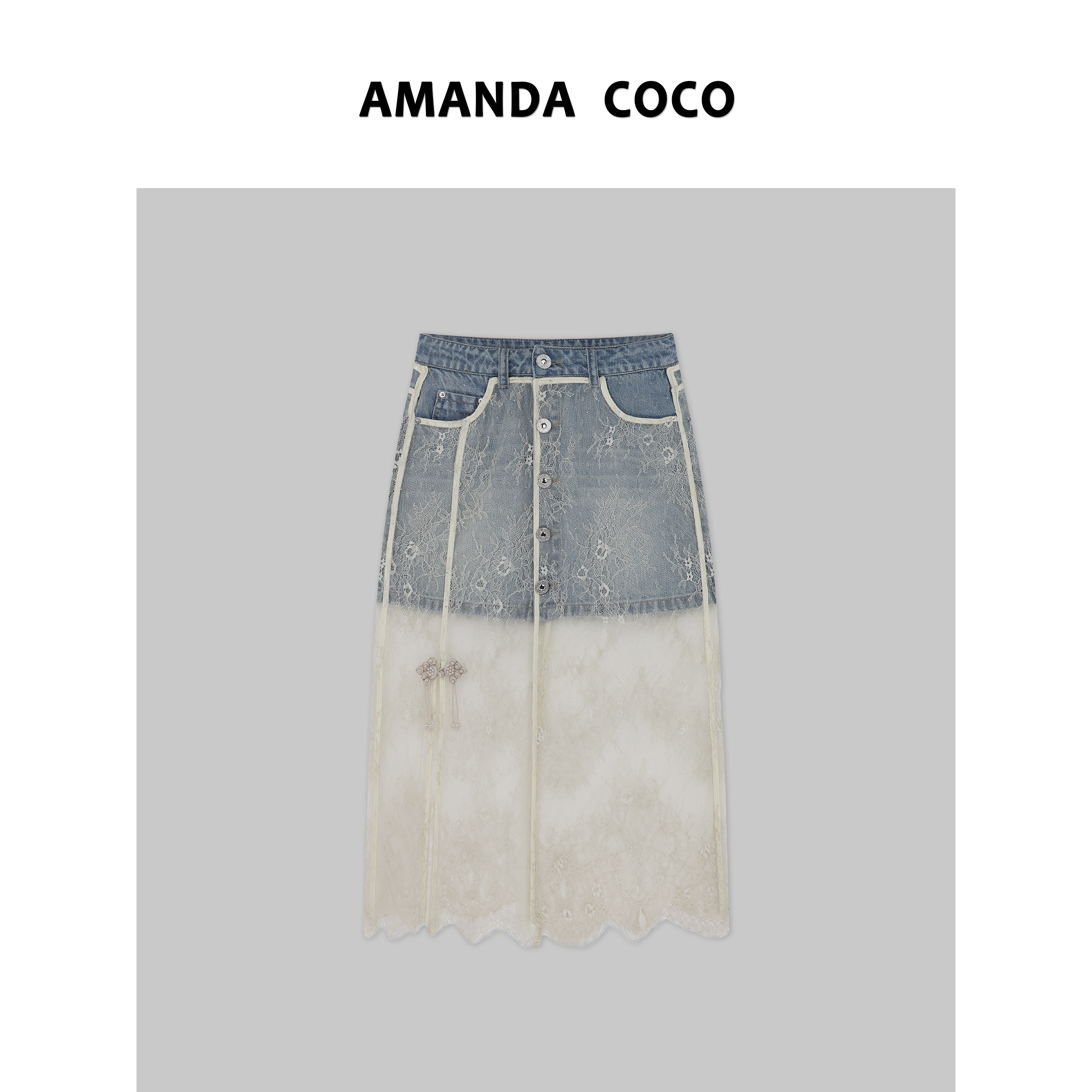 AMANDACOCO 静静 |蕾丝梦境～重工轻国风烫钻蕾丝拼接气质牛仔半裙