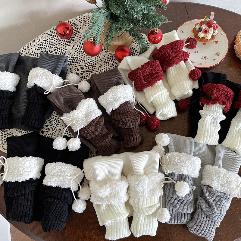 冬季新品圣诞新年洋气仿羊羔毛球花边加绒加厚女儿童宝宝打底裤袜
