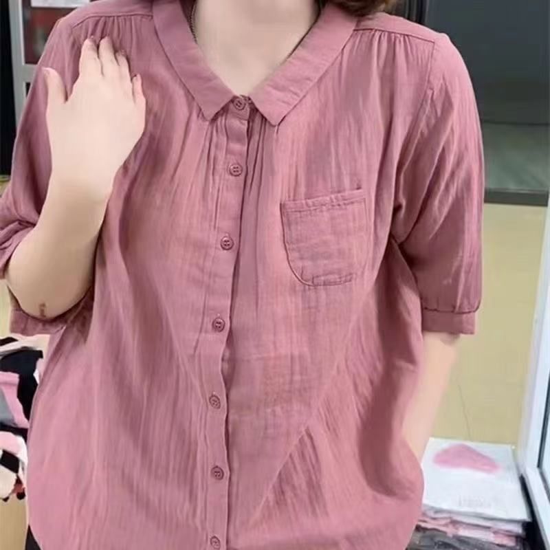 极简风纯色半袖纽扣休闲女式衬衫文艺风短袖显瘦宽松上衣女