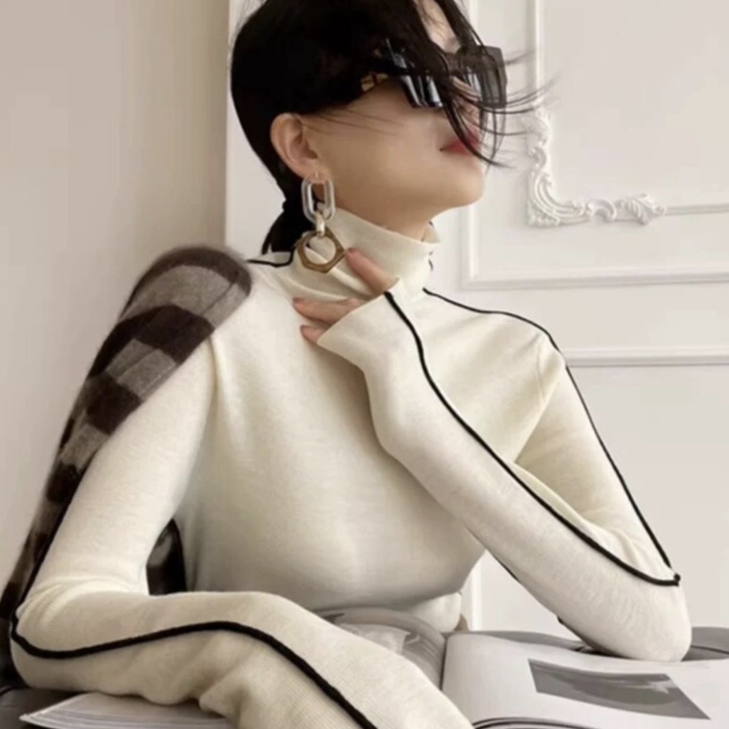 2025秋冬撞色鱼骨堆堆领女高级感紧身内搭打底软糯半高领上衣洋气