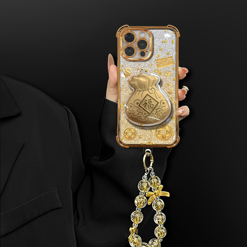 适用【苹果/oppo/华为/vivo/小米】招财进宝福袋电镀四角防摔手机壳