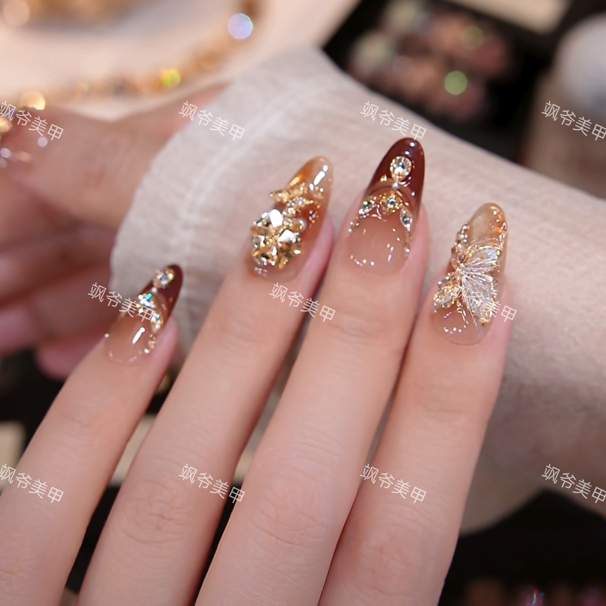 朱砂点蝶-美甲店手工穿戴甲-钻石店-可重复佩戴-掉钻包补-10片