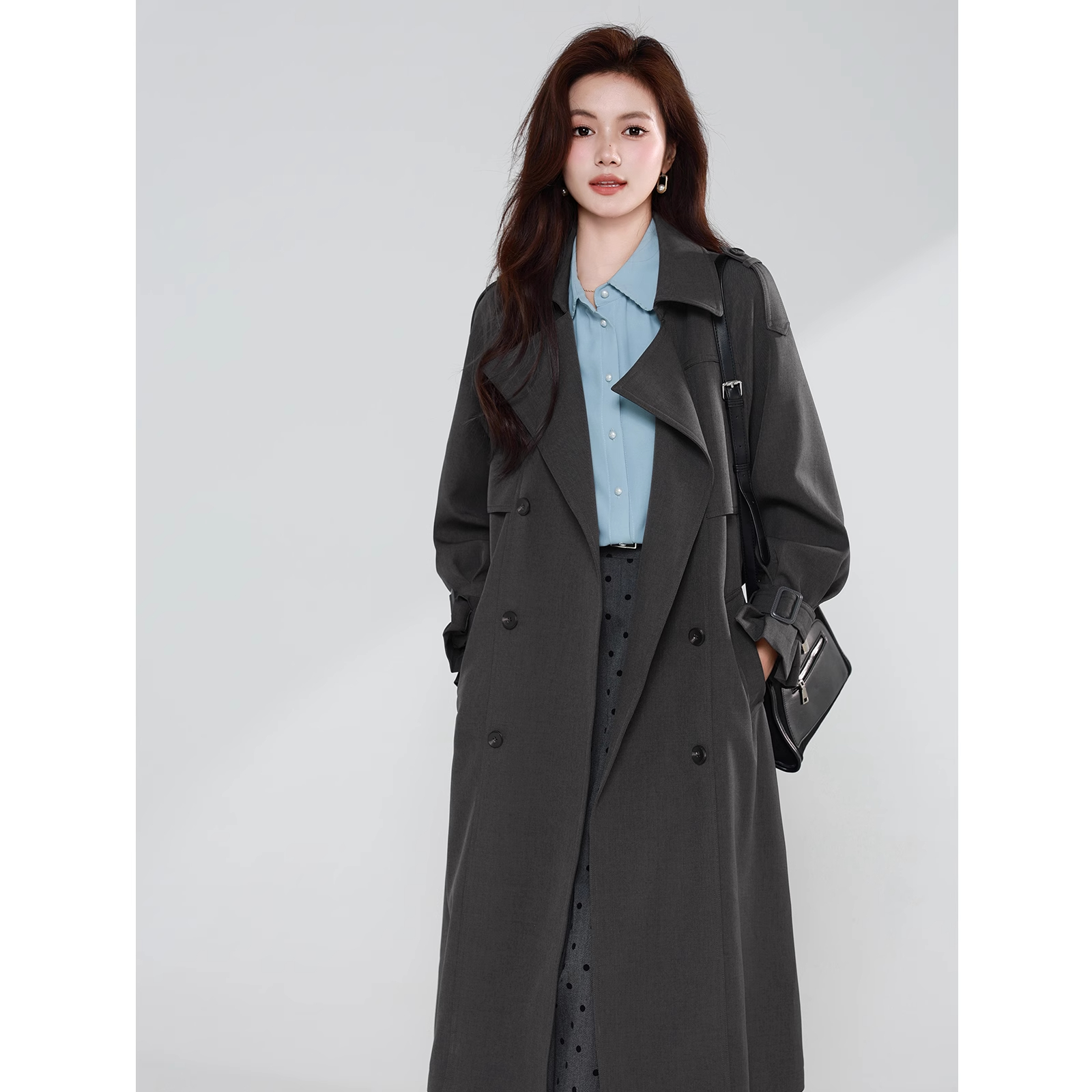 灰色休闲风衣外套女中长款2025年秋韩版宽松设计感小众小个子大衣