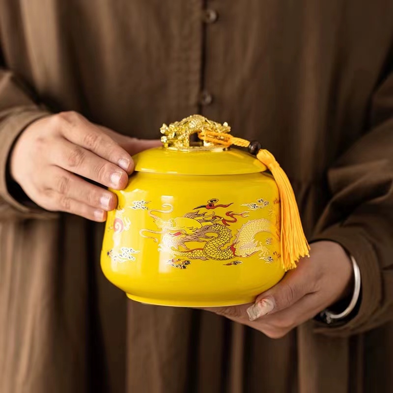 黄珐琅双龙戏珠茶叶罐@G18(xp)